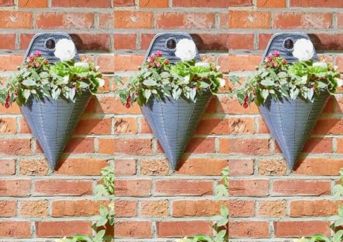 Garden Mile Garden Wall Mounted Flower Basket 14'' 3pc Set Cone Rattan Effect Plant Holder Outdoor Plant Pot Planter 3 pack Grey Wicker Flower Pot Basket Pre-Lined for Easy Planting