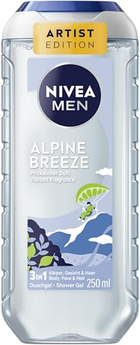 NIVEA MEN Alpine Breeze Artist Edition duschgel, vitaliserande vårdande dusch med bubblande och livlig doft, 3-i-1 duschgel för kropp, ansikte och hår (250 ml)
