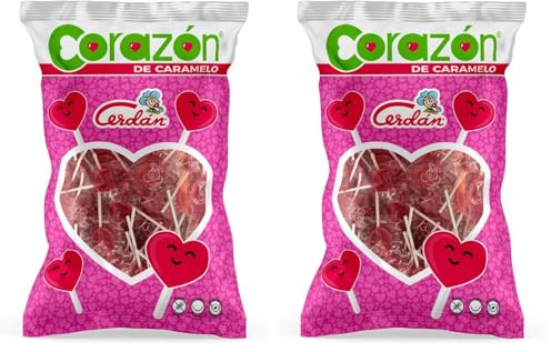 Caramelos Cerdán - Piruletas Mini Corazón Sabor Cereza | Bolsa de 150 Unidades | Caramelo Duro con Palo sin Gluten ni Alérgenos | Ideal para Fiestas, Eventos y Cumpleaños (Paquete de 2)
