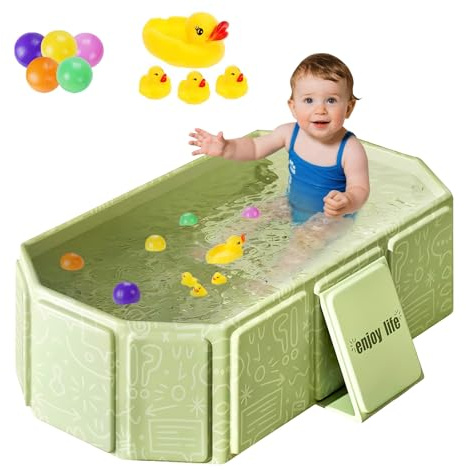 Baignoire Pliable Bébé, Baignoire Pliable pour enfants 0-8 ans, Baignoire Bébé Pliable avec jouets, Baignoire de Voyage Portable avec Drain et Pieds de Support, 70 x 75 x 25 cm, Verte