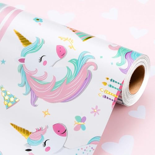 Wikadlik Einhorn-Geschenkpapierrolle – Kuchen, rosa Herz-Design, Geschenkpapier für Kinder, Geburtstag, Valentinstag, Muttertag, Hochzeit, Abschlussfeier, 43 cm x 10 m