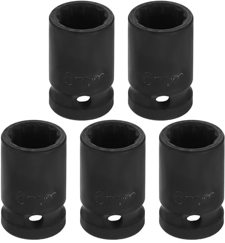 sourcing map 5pcs 1/2 Drive x 16mm Shallow Impact Socket 12-Point Metric CR-V Steel Spindle Nut Impact Flip Sleeve for Home Auto Nuts Bolts Repair