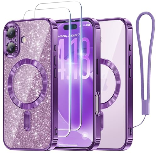 Meifigno Designed for iPhone 17 Case 6.3, [Glitter Card & Wrist Strap] [Compatible with MagSafe] [2X HD Screen Protectors] Surround Raised Lens Protection for 17 Case, Deep Purple