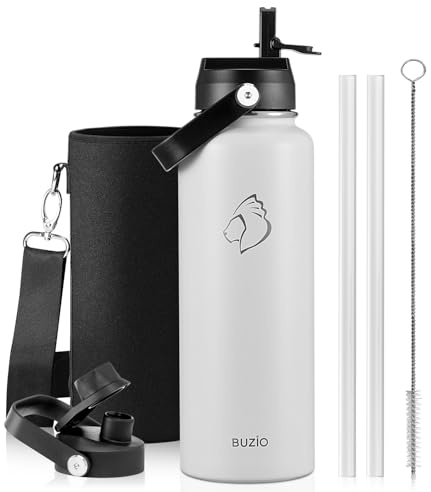 BUZIO Insulated Water Bottle 1.2L Stainless Steel with Straw & Spout Lid | Metal Water Bottle Keeps Cold 48 Hrs Hot 24 Hrs with Strap, Leakproof Drink Bottles, BPA-Free, for Gym, Travel, Sports