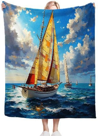 Gumntun Coperta doppia in flanella spessa 150 x 200 cm, motivo barca a vela, morbida, soffice e soffice, per letto, divano da viaggio, leggera, termica, 150 x 200 cm, per adulti e ragazzi