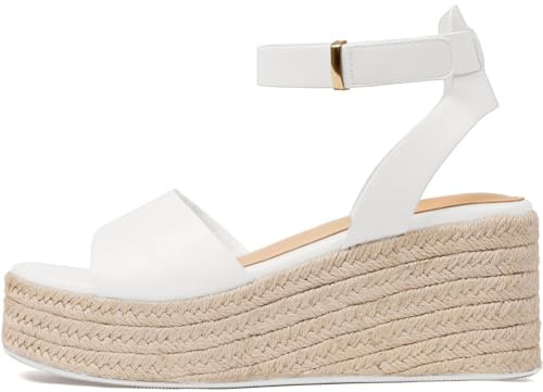 COMFITORIA Wedge Sandals for Women Espadrille Platform Wedge Heels Adjustable Strap Braided Sandal Summer Open Toe Vacation Slip-On Sandals Bohemia Beach Comfortable Dressy Shoes,(White, Size 8)