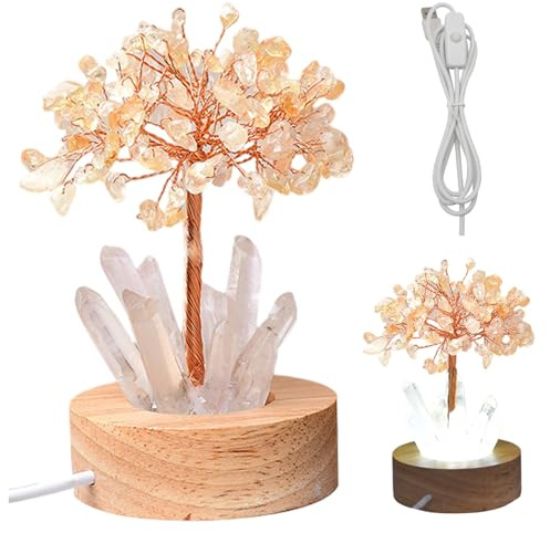 NASSMOSSE Lámpara de Noche con Forma de árbol de Cristal Natural, bonsái Feng Shui, con Enchufe USB, luz Nocturna para Sala de Estar, Amarilla