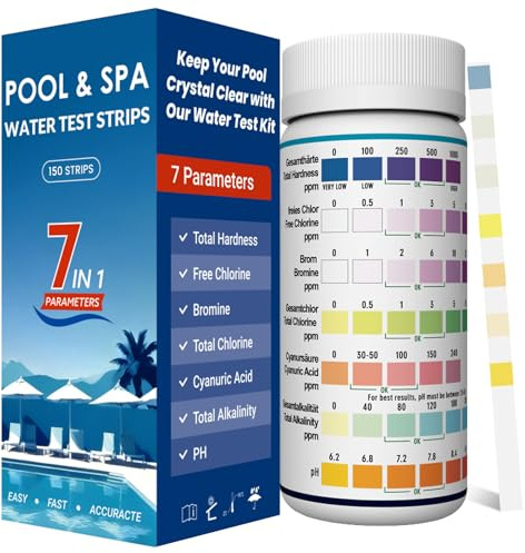 7-en-1 Bandelette Piscine | 150 Bandes | Chlore, PH, TAC, TH, Stabilisant, Brome, Alcalinité, Bandelettes Test Piscine PH et Chlore, Languette Piscine pour Spa et Jacuzzi