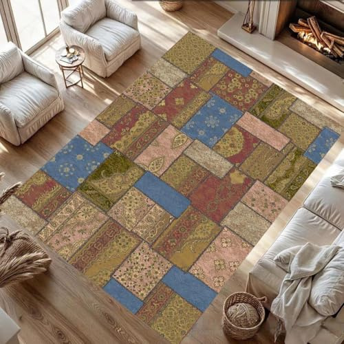 Alfombra de retazos pequeña de 80 x 150 cm, antideslizante, lavable a máquina, alfombra vintage para sala de estar, entrada, oficina, escritorio, mesita de noche, dormitorio, patrón floral desgastado