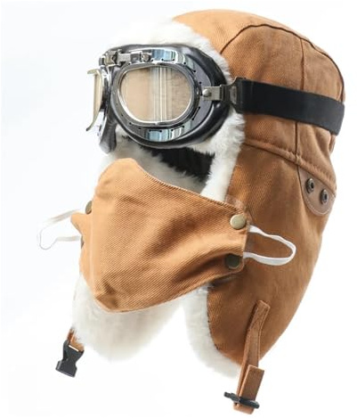 KIFSDLF Männer Winter Bomber Hut Mit Brille maske Outdoor Verdickt Motorrad Winddicht Warme Pilot Earflap Leder Thermal für Snowboarden Skaten Radfahren(Yellow goggles mask)