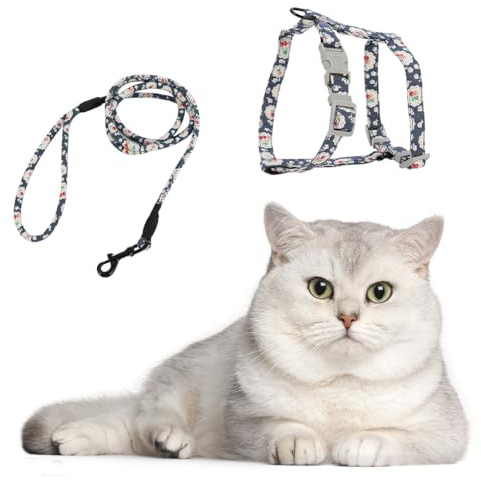 VANZACK Pettorina per Cani Guinzaglio a Fiori in Cotone Blu Leggero e Confortevole per Animali Domestici, Design Fresco e Adorabile per Passeggiate Quotidiane