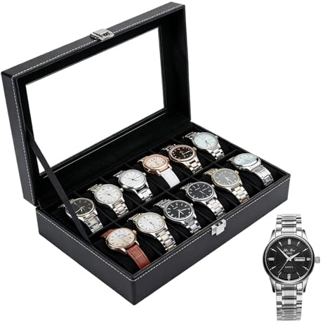 Watch Box with 12 Slots, Watch Storage Box with Glass Lid, Black PU Leather
