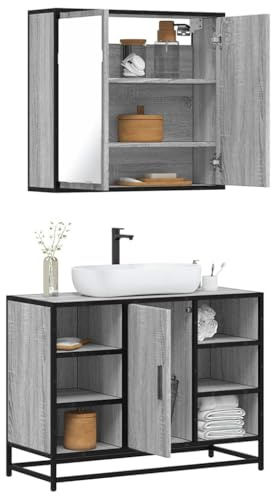 Keeushr Set di mobili da bagno Sonoma grigio in legno con mobiletto lavabo e armadietto a specchio per montaggio a parete, soluzione di archiviazione, design industriale