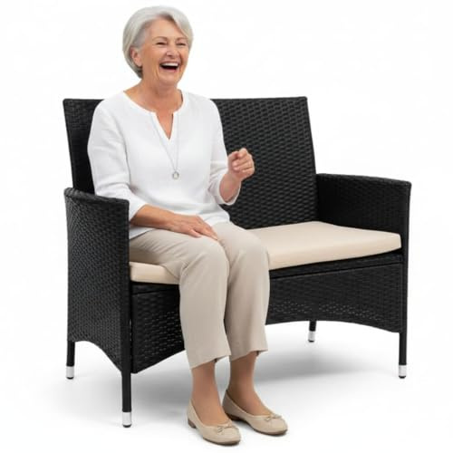 Mucola Gartenbank Sitzbank Polyrattan 2-Sitzer 108x51x89 cm Schwarz | UV-beständiges Geflecht, stabiles Metallgestell, wetterfest, inkl. Sitzkissen, Bezug waschbar bei 30 °C, Terrasse, Balkon
