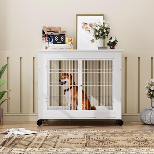Möbel Hundekäfig aus Holz mit Rollen, 80x56x69,5 cm weiß, doppelte Türen + Klappdach, Hundebox für zuhause, Indoor Hundezwinger für große Hunde, Moderne Haustierkäfig (Weiß)