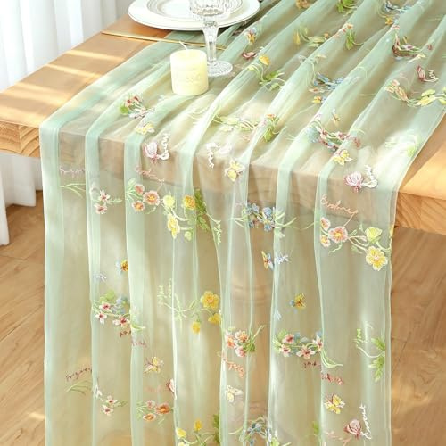 Käsetuch Tischläufer Blumen 75X300cm Hochzeitsdekor Tüll Tischläufer Grün | Tischdecke Chiffon Sommer Tischdeko Gaze Käsetuch Küche Tisch Dekoration Spitze Table Runner für Hochzeit Party Geburtstag
