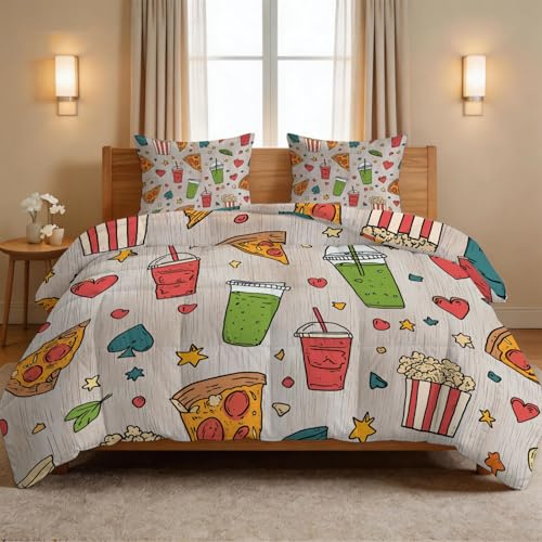 Coperta per bambini trapunta quattro stagioni cartone animato cibo, coperta per dormire senza copertura pizza popcorn cuori stelle 200 x 200 cm, coperta reversibile morbida tutto l'anno, coperta per