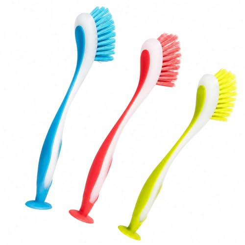 3 Pcs Washing Up Brush Set, Colourful Dish Brush with Suction Base, Long Handle Washing Up Brushes for Kitchen, Sink Cleaning and Daily Use