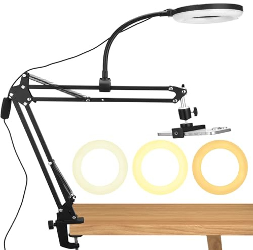 Ringlicht mit Stativ Handy, Overhead Stativ für Schreibtisch mit 360° Flexibler Carbonstahl-Arm, Dimmbare Ringleuchte Tisch (Hält 2kg, Kein Wackeln), für Videoaufnahmen, Kochen, Streaming, TikTok