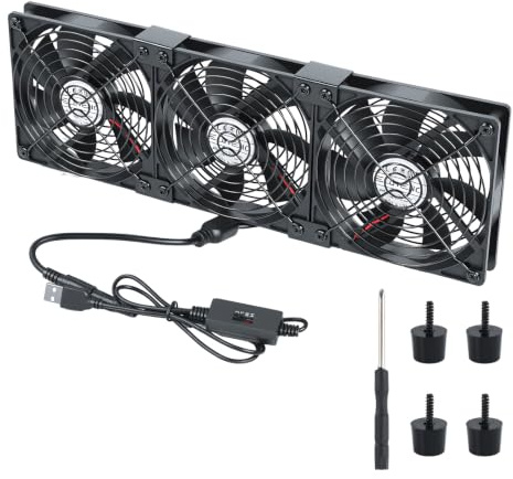 ELUTENG Triple Computer Cooling Fan 120mm, DC 12V 3-Speed Adjustable PC Fan | Hydraulic Dual-Row Fan with Metal Grill, DC to USB Speed Controller und 4 Rubber Pads for Computer, Server, Cabinet Cooling