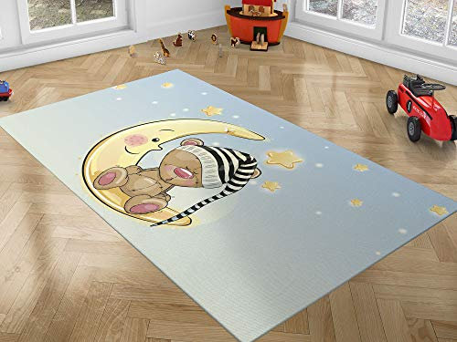 Kinderteppich, schlafender Bär, sitzend auf dem Mond, weißer Hintergrund, PVC, 95 cm x 165 cm, Kindermatte aus PVC, Vinylboden für Kinder