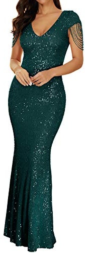 Women 1920s Formal Dress Tassels Sleeve Sequins Gatsby Maxi Evening Gown (M, Green)