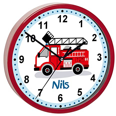 CreaDesign, Wanduhr für Kinderzimmer Feuerwehr Drehleiter, Kinderuhr rot mit Quarz Uhrwerk, personalisiert mit Name, Durchmesser 19,5 cm