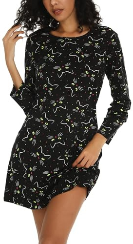 ENJOYNIGHT Camisón de mujer de manga larga, algodón, con estampado, camiseta para dormir, ropa de noche, vestido de noche, multicolor, diseño de gato, XL