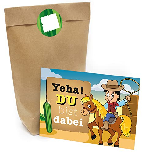 Kindergeburtstag Einladung Set mit je 8 Einladungskarten, Umschlägen, Tüten und Aufkleber - Cowboy mit Pferd