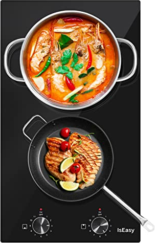 Glaskeramikkochfeld 2 Platten, IsEasy Domino Glaskeramikkochfeld mit 11 Leistungsstufen,3200W, 29.5cm, Drehknopf Knebel Steuerung, Schwarz Polierter Kristallglasoberfläche, für Alle Töpfe