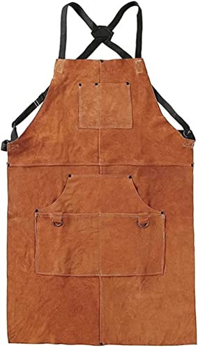 AUGUSE Arbeitsschürze, Werkzeugschürze für Schreiner, Werkstattschürze aus Leder mit 6 Werkzeugtaschen Hitzebeständige und schwer entflammbare Schweißerschürze