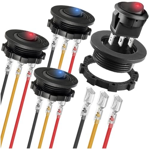 MKBKLLJY 4St. Runder Wippschalter DC 12V 20A 24V 10A Rot Blau LED Beleuchteter Schalter SPST 3Pin Ein Aus 12V DC Kippschalter fürAuto Boot mit Runder Schale Verriegelte Anschlussdrähte