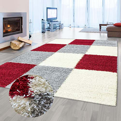 Teppich-Traum Soffice tappeto shaggy a pelo alto con motivo a quadri in rosso grigio crema 160x230cm