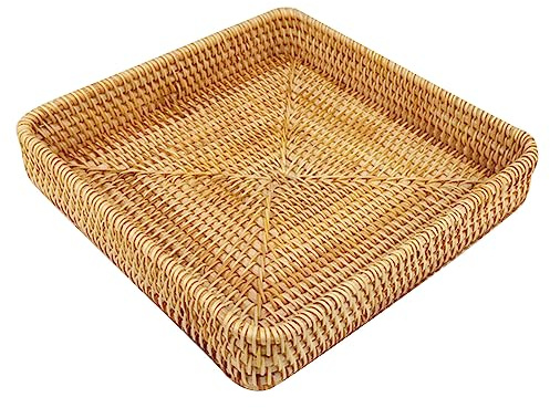 Bandeja de Ratán, Bandeja de Ratán para Servir, Bandeja Tejida Rectangular, Cestas Decorativas de Mimbre para Servir, Cesta de Almacenamiento de Aperitivos Tejida a Mano para Organización de(M)