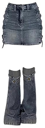 CHOUBAGUAI 90er-Jahre-Damen-Zweiteiler-Rock-Set, hoher Taillen-Jeansrock mit Beinstulpen, Y2k-Vintage-Musik-Festival-Outfits-1-M