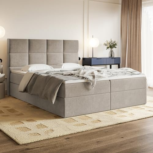 MOTIVENA Alpha Boxspringbett 160x200 Beige Samt, mit Taschenfederkern-Matratze (H3), mit Visco Memory-Foam Topper (H2), Boxspringbett 160x200 mit Bettkasten Beige