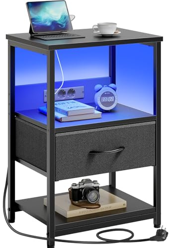 Seventable Comodino con LED e Presa di Corrente, Mobiletto Notturno Moderno con Spazio di Stoccaggio, Facile da Montare, Side Table per Soggiorno, Camera da Letto e Spazi Piccoli