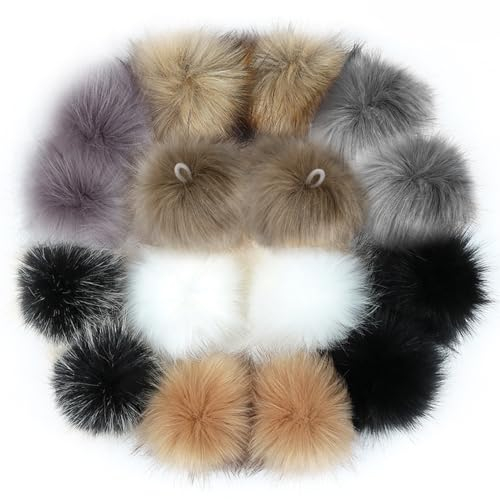 16 Stück Bommel für Mütze,Kunstfell Pompon Kunstfell Bommel Fellbommel mit Elastischer Schlaufe für Mützen für DIY Hüte, Taschen, Schals, Schuhe, Schlüsselanhänger, Autoanhänger Basteln