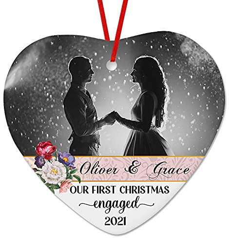 Weihnachtsanhänger Christbaumschmuck Anhänger Keramik Weihnachtsbaumschmuck Weihnachtsdeko Anhänger Personalisiertes Foto-Paar, Unser Erstes Weihnachts-Verlobungsornament, 2023, Andenken,