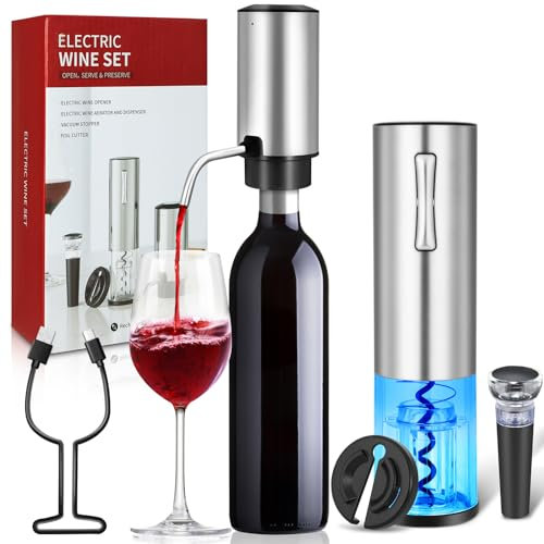 VIDYSUFYR Electric Wine Opener with Electric Decanter and Aerator, Rechargeable Electric Wine Bottle Opener, Stainless Steel Wine Accessories with Foil Cutter, Electric Aerator, Vaccum Stopper