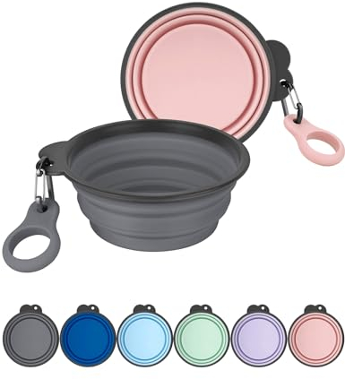 Heouvo Faltbare Hundenäpfe mit Flaschenträger, 2er-Pack Reise Hundenapf mit Karabiner, einteilig geformt ohne Herunterfallen oder Risse, faltbares Silikon, mobil für Haustiere Gassi gehen Wandern
