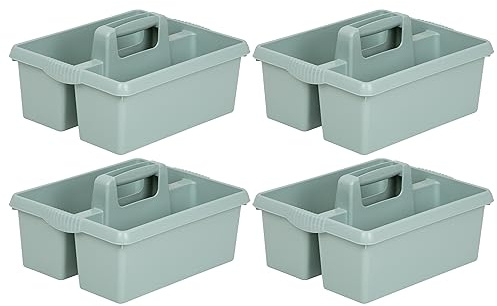 M1SS 4 X Heavy Duty Large Plastic Handy Kitchen Tool Cleaning Tool Box with Handle Utility Storage Tidy Organiser Tote Tray Two Compartment Cleaners Carry Caddy Cleaning Tools - Silver Sage