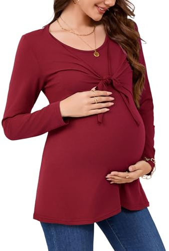 KOJOOIN Stillshirt Damen Schwangerschaftsshirt Langarm Umstandsshirt Oberteile Umstandstops Weinrot XL