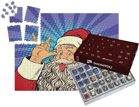 puzzleYOU: Puzzle-Adventskalender | „Pop-Art: Weihnachtsmann streckt die Zunge heraus, Neckerei, Humor“ – aus der Puzzle-Kollektion Weihnachten