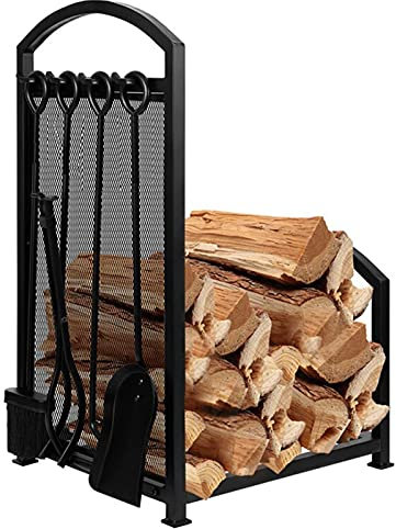 Brennholzregal, Holzscheitregal, Brennholzaufbewahrungshalter mit 4 Kaminwerkzeugen, robustes Holzregal für den Innen- und Außenbereich, Organizer, Holzaufbewahrung, Stapelbar, Zubehör für Kamin,