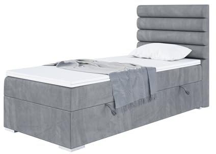 MEBLINI Boxspringbett mit Bettkasten - Gepolstert Einzelbett mit Matratze und Topper - Polsterbett mit Stauraum - Bett mit Kopfteil - Stauraumbett - Karim - 80x200 Rechts - H4/Grau Samt