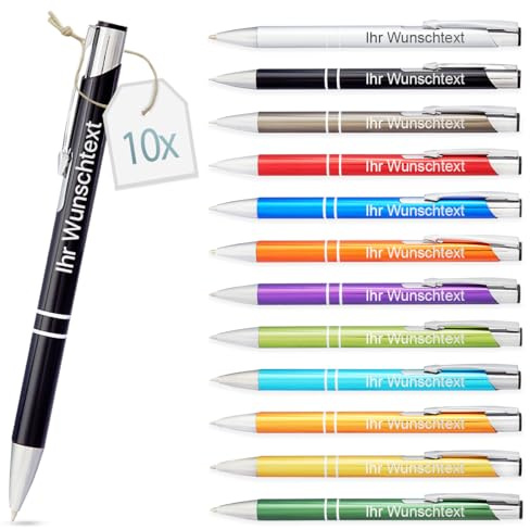 Gravurtastisch Kugelschreiber mit Gravur | personalisierter Stift mit Wunschtext | blaue Mine | Werbegeschenk & Werbeartikel | personalisierte Kulis für Hochzeit, Büro & Schule (Gemischt, 10 Stück)