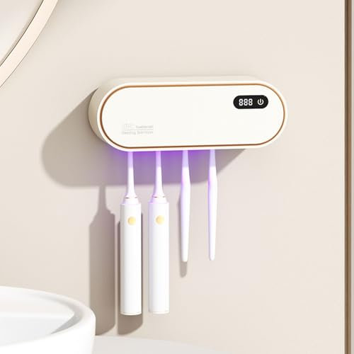 mumisuto Porta Cepillo de Dientes con Esterilizador UV, Dispensador Pasta de Dientescon Función de Secado y Temporizador, Soporte Cepillo de Dientes con 4 Ranuras, USB Recargable 1800mAh (Blanco)