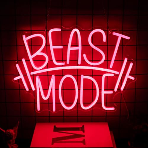 Beast Mode Neon Schild LED Dimmbar Gym Leuchtreklame für Fitnessstudio Deko | Acryl Rote Buchstaben Neonlicht, USB Betrieben, Hantel LED Leuchtschild, für Schlafzimmer Sportraum Fitnessstudi Deko