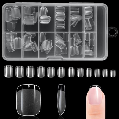 BUTBU Tip Unghie, 120 Pezzi Quadrate Corte Unghie Finte, 12 Taglie Tip Unghie Ricostruzione, Copertura Completa Tips Unghie Trasparente per Salone Manicure, Nail Art Principiante